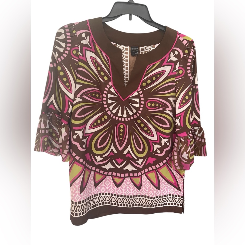 Nicole Miller size Large Brown and Pink Patterned Women's Top v-Neck tunic - Picture 1 of 9
